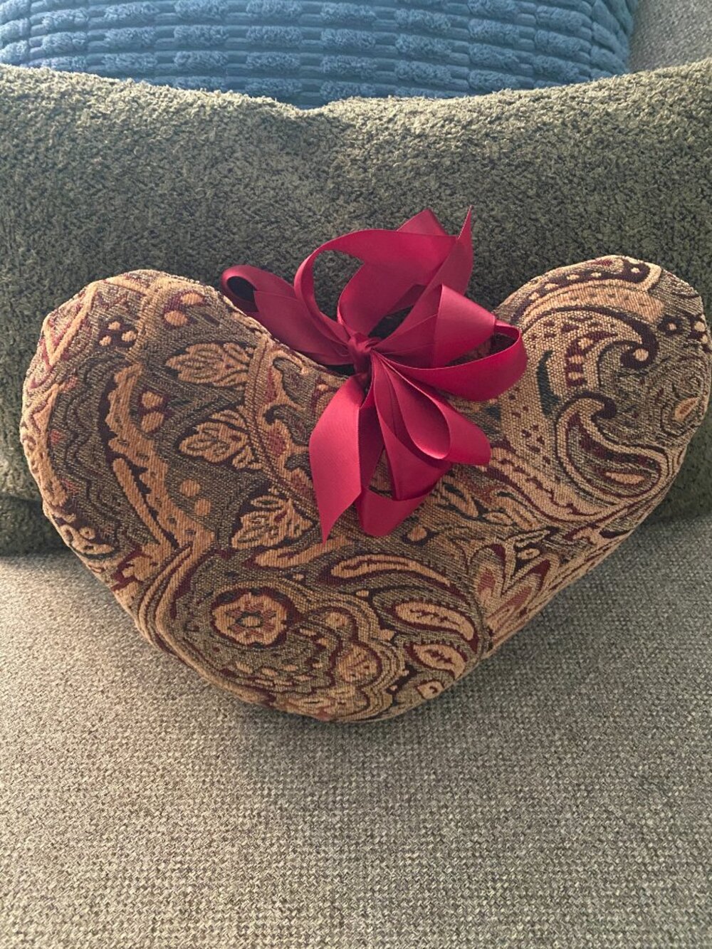 Set of 2 Heart Shaped Paisley Tapestry Throw Pillows Burgundy Bows Cottagecore
